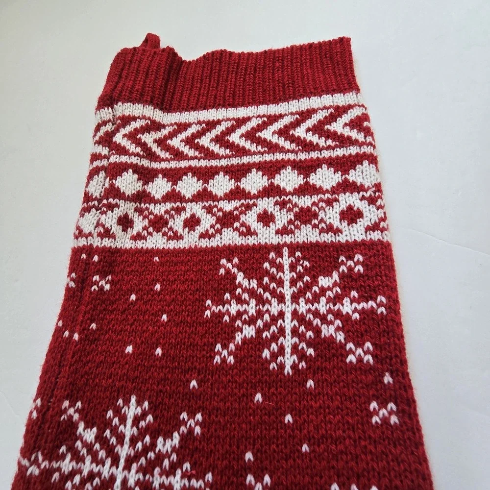 Fair Isle Knitted Christmas Stocking Nordic Snow Red Cream Holiday Christmas